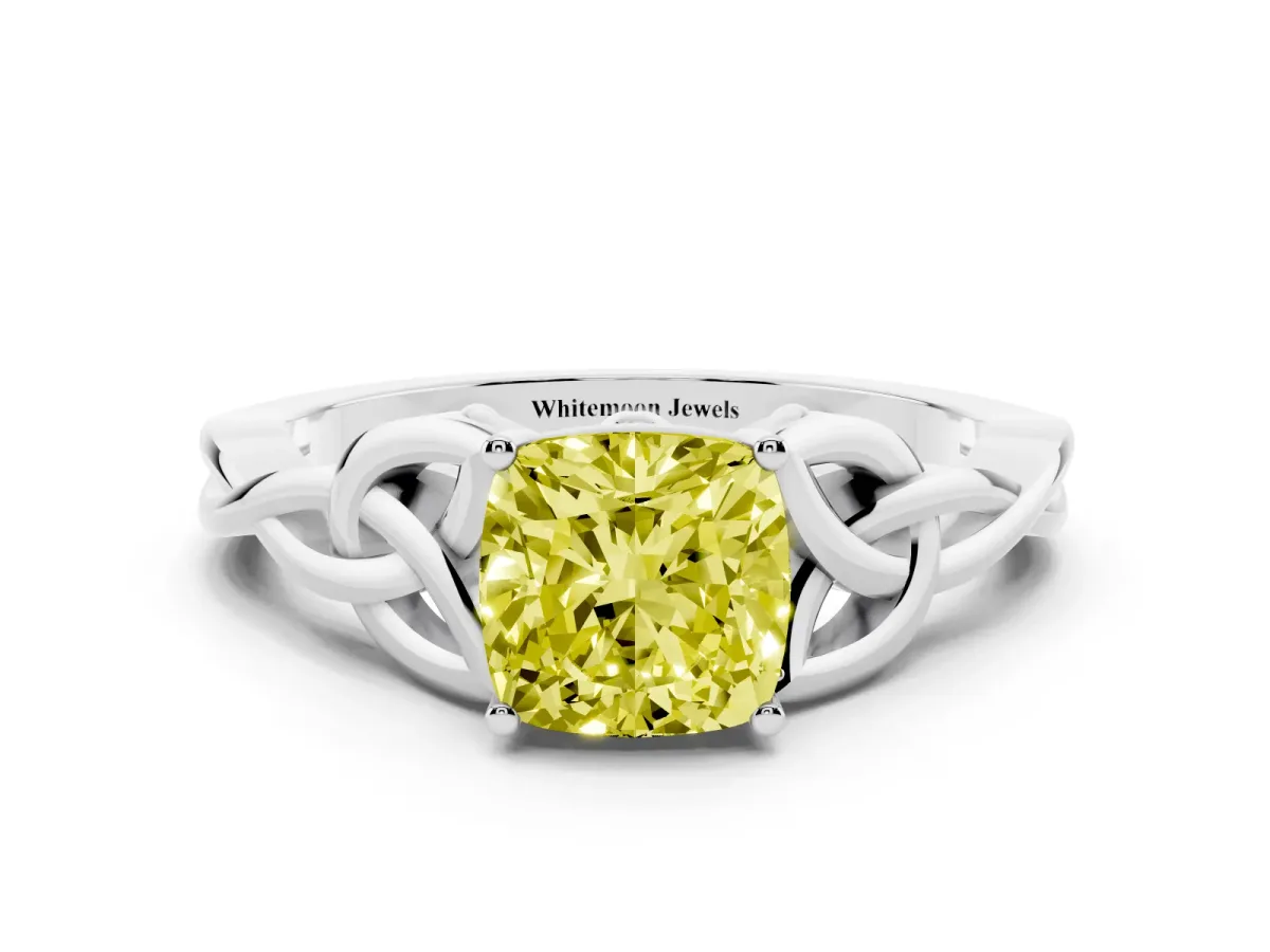 Fancy Yellow Cushion Cut Diamond Solitaire Engagement Ring with Celtic Knot Band and Four-Prong Setting Silver
