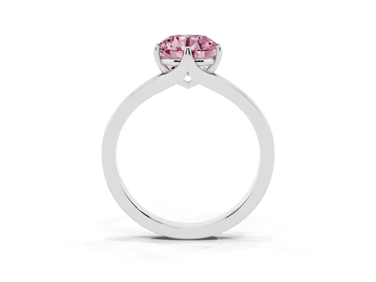 Fancy Pink Round Cut Solitaire Diamond Ring with Six-Prong Setting and Tapered Band Silver