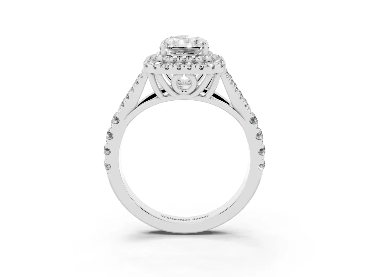 Radiant Cut Cut Double Halo Split Shank Diamond Ring with Prong Setting Silver