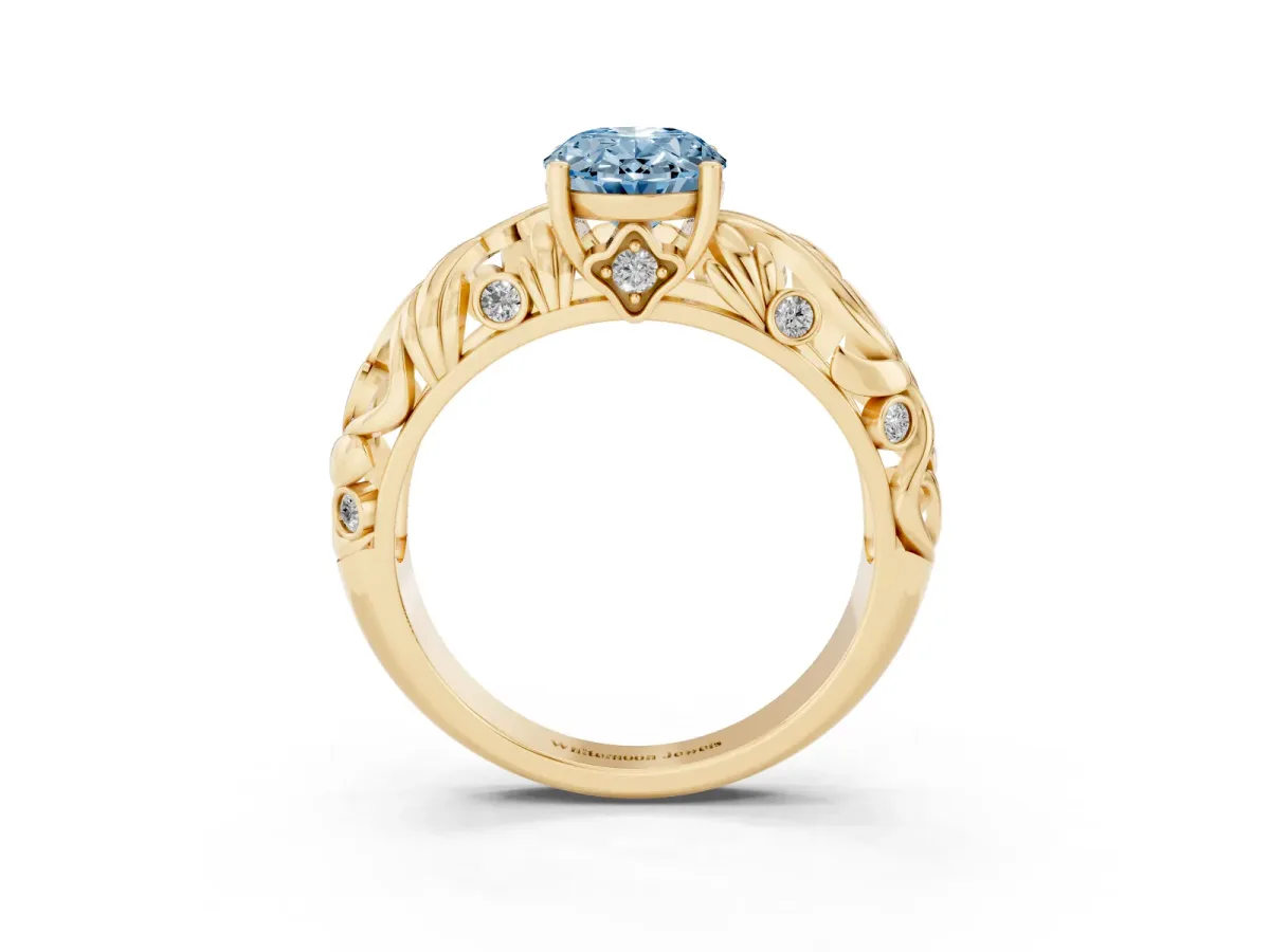 Fancy Blue Oval Cut Solitaire Diamond Leaf-Inspired Vine Band Ring with Prong Setting Yellow gold