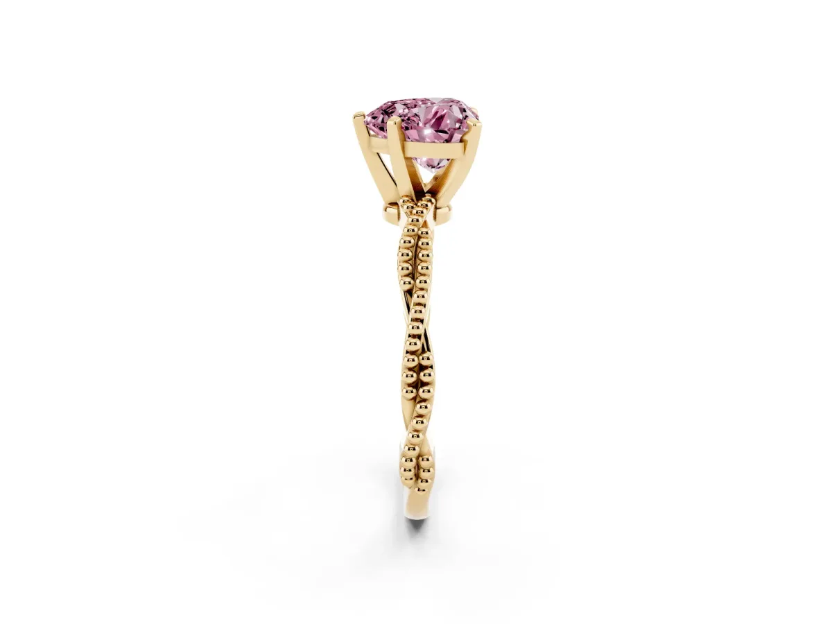 Fancy Pink Heart Cut Solitaire Twisted Band with Bead Prong Setting Yellow gold