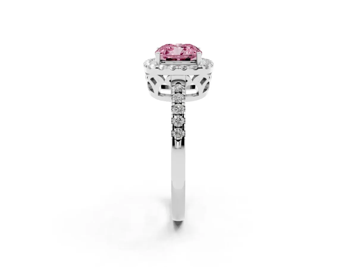 Fancy Pink Cushion Cut Halo Diamond Engagement Ring with Pavé Band and Four-Prong Setting Platinum