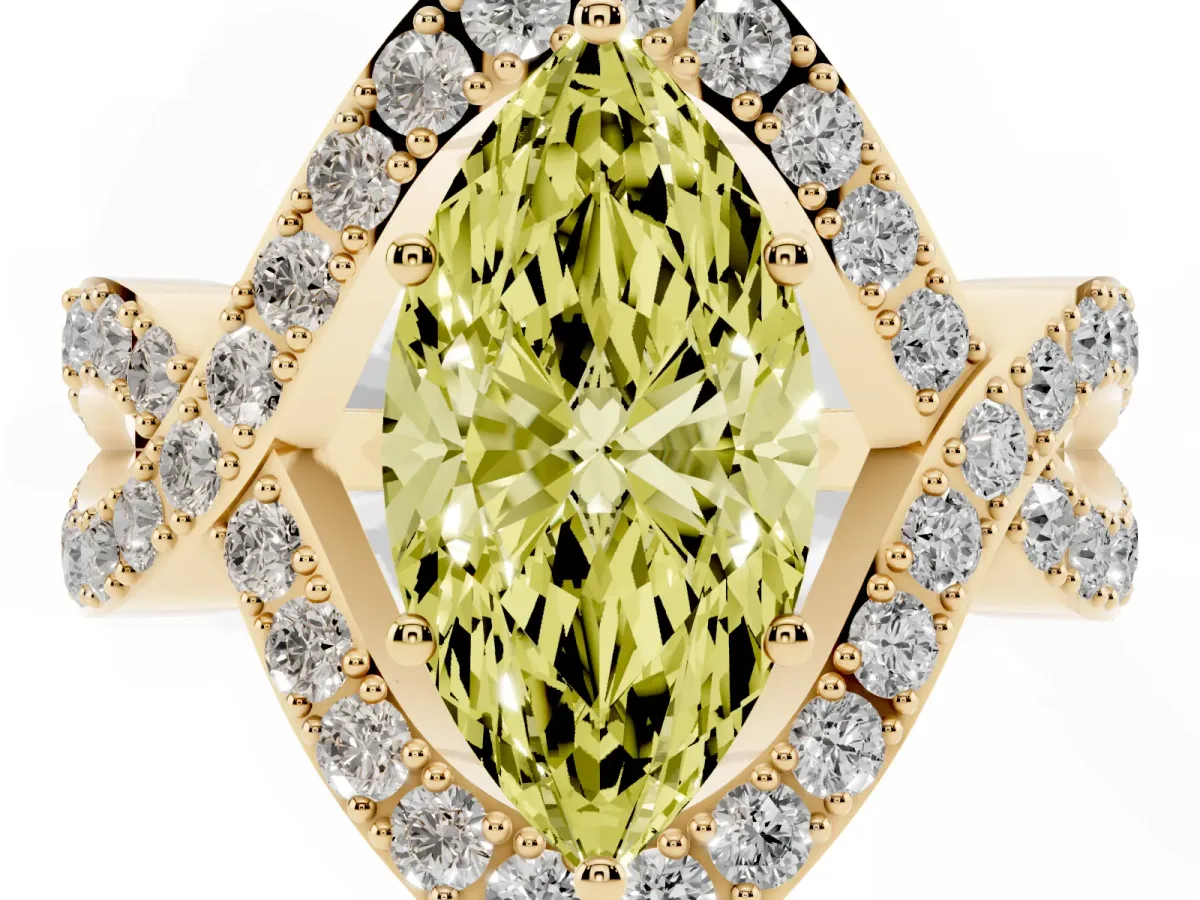Fancy Yellow Marquise Cut Solitaire Twist Band Pavé Diamond Engagement Ring Yellow gold