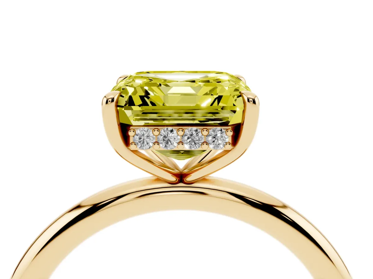 Fancy Yellow Asscher Cut Diamond Solitaire Ring with Thin Band and Four-Prong Setting Yellow gold