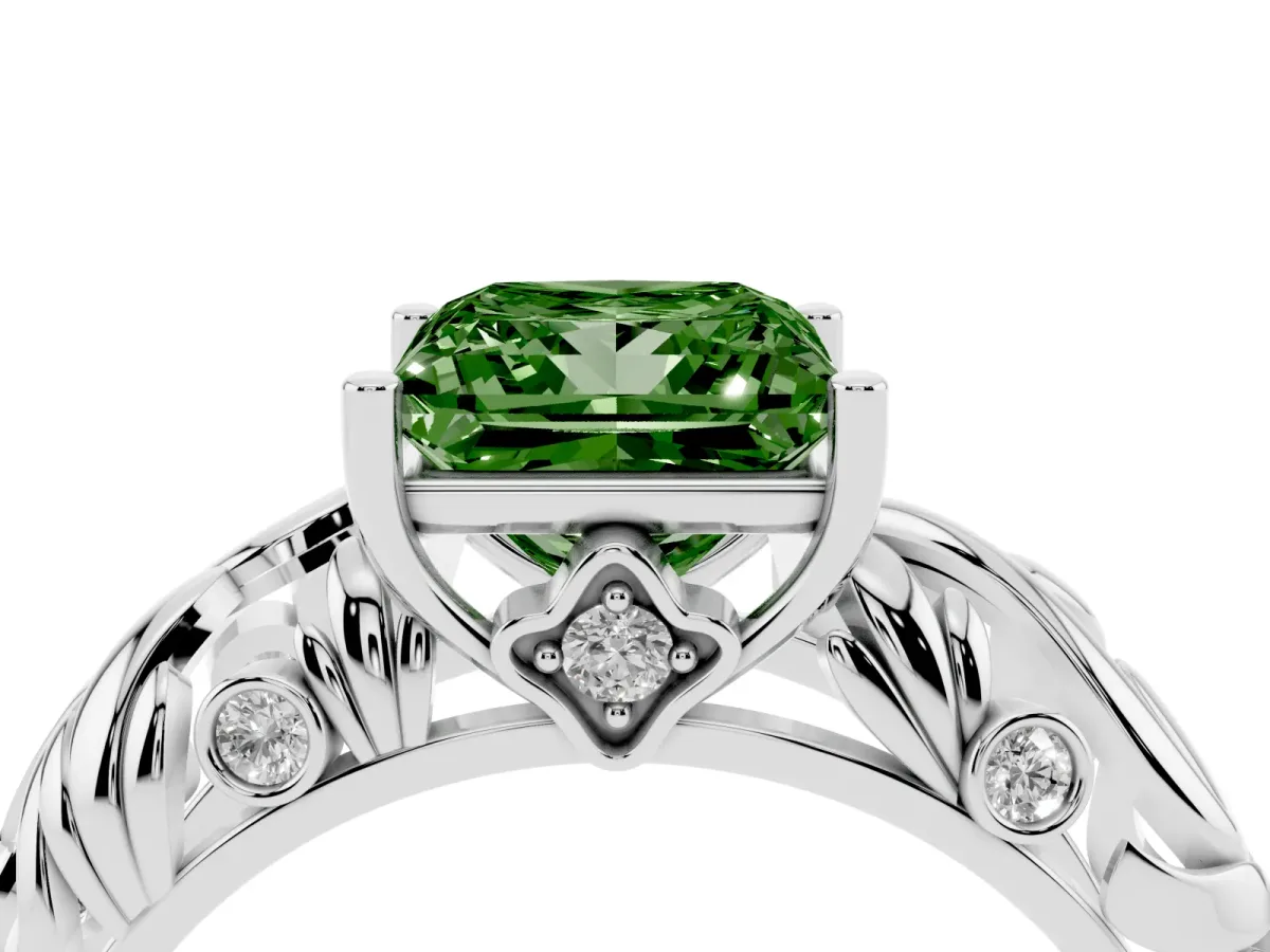 Fancy Green Princess Cut Solitaire Diamond Leaf-Inspired Vine Band Ring with Prong Setting Silver