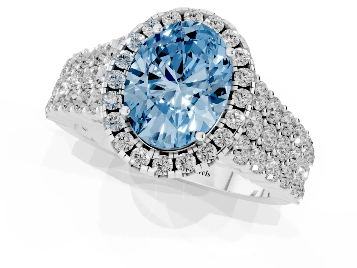 Fancy Blue Oval Cut Diamond Halo Engagement Ring with Triple Row Round Pavé Band and Prong Setting White gold