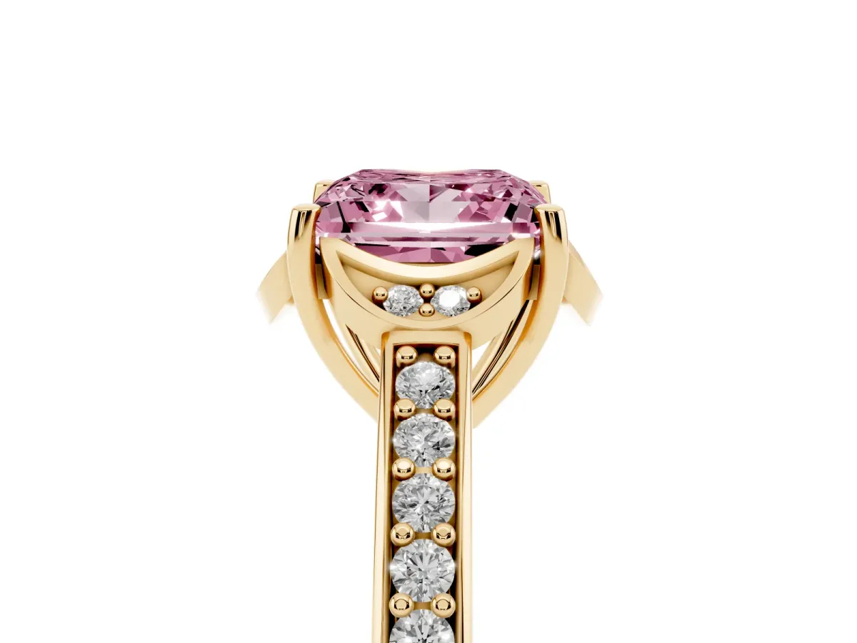 Fancy Pink Princess Cut Cut Halo Diamond Ring with Channel Set Band and Four-Prong Setting Yellow gold