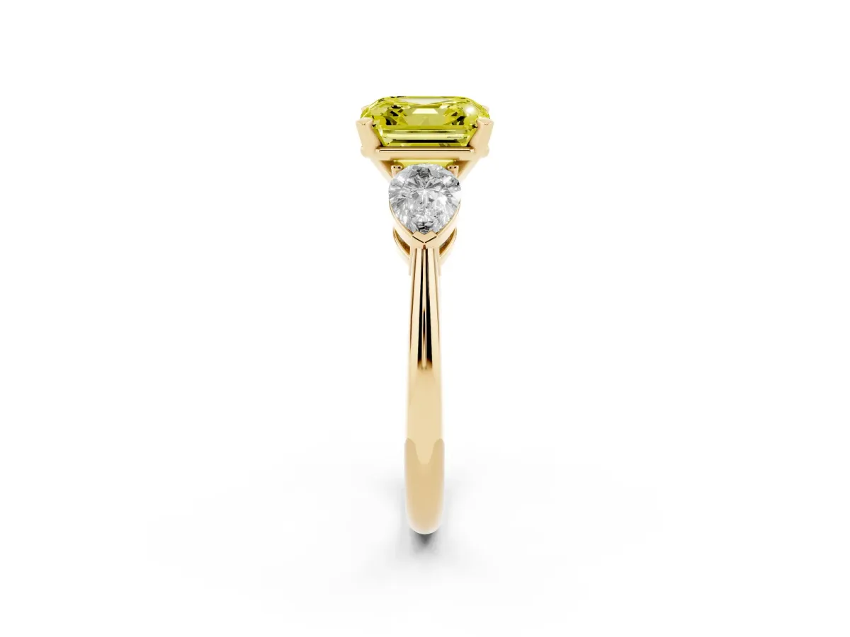 Fancy Yellow Three-Stone Asscher Cut Diamond Ring with Pear Side Stones and Four-Prong Setting Yellow gold