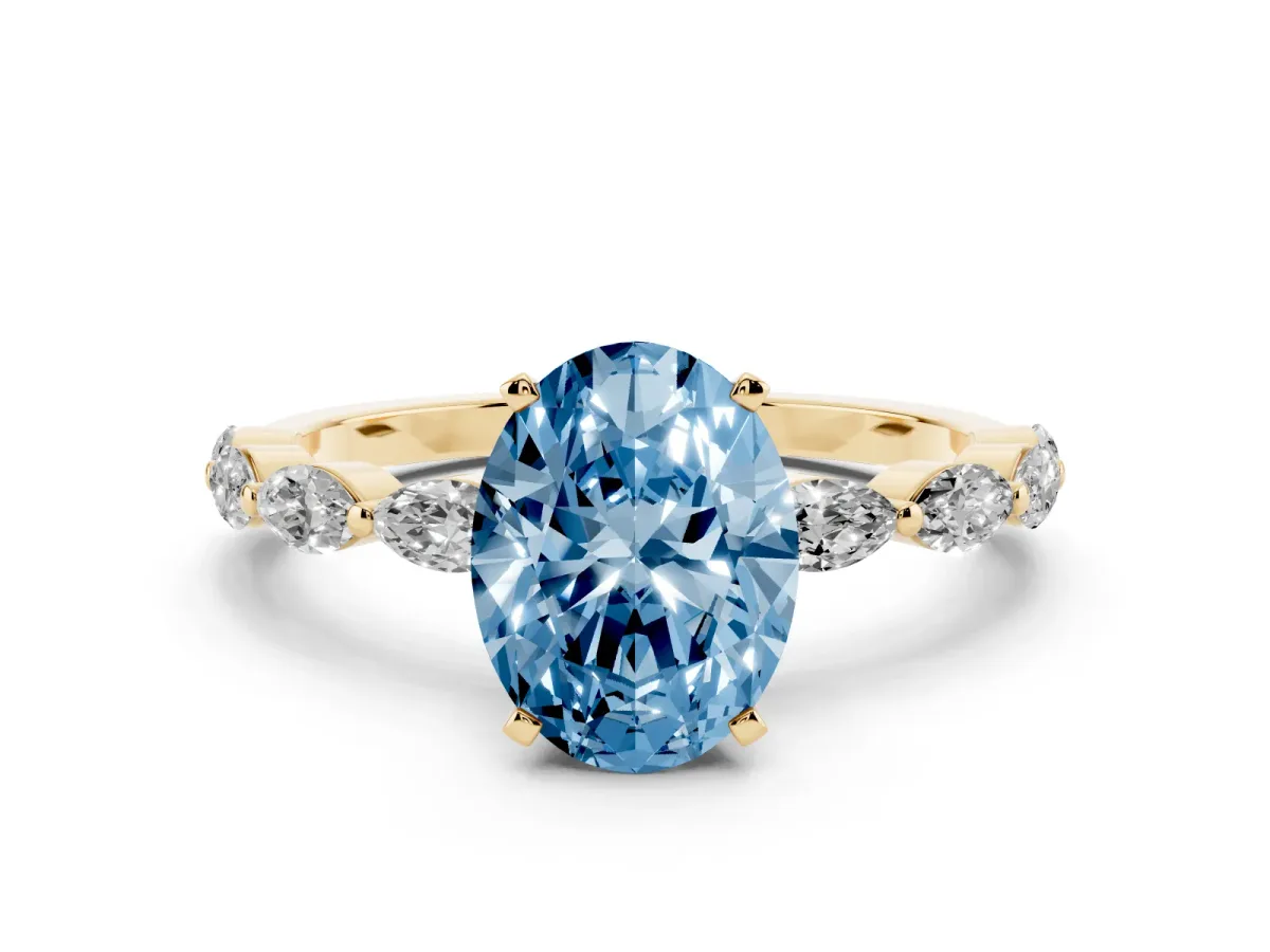 Fancy Blue Oval Cut Diamond Ring with Marquise Side Stones and Prong Setting Yellow gold