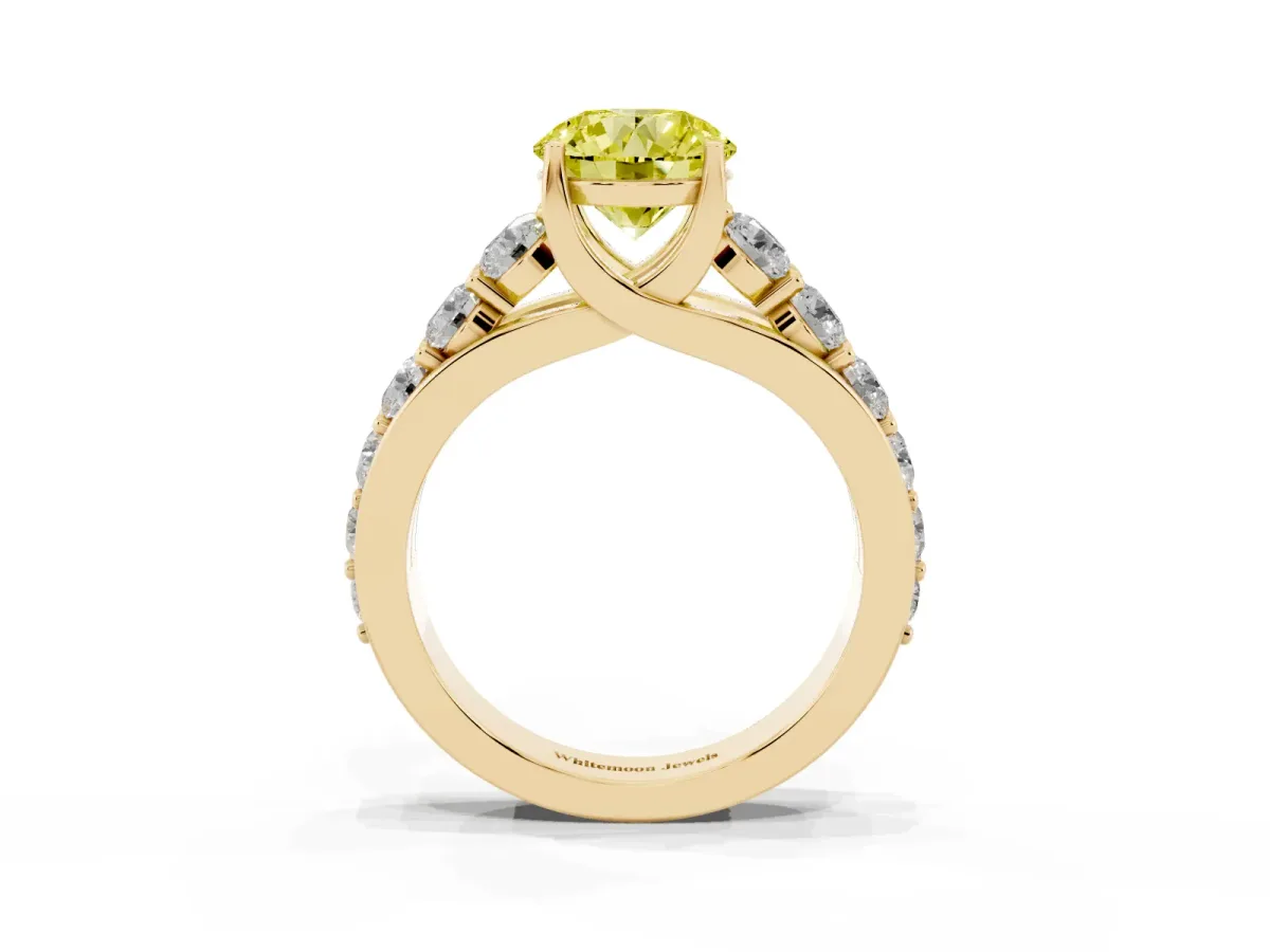 Fancy Yellow Round Cut Diamond Engagement Ring with Pavé Band and Four-Prong Setting Yellow gold