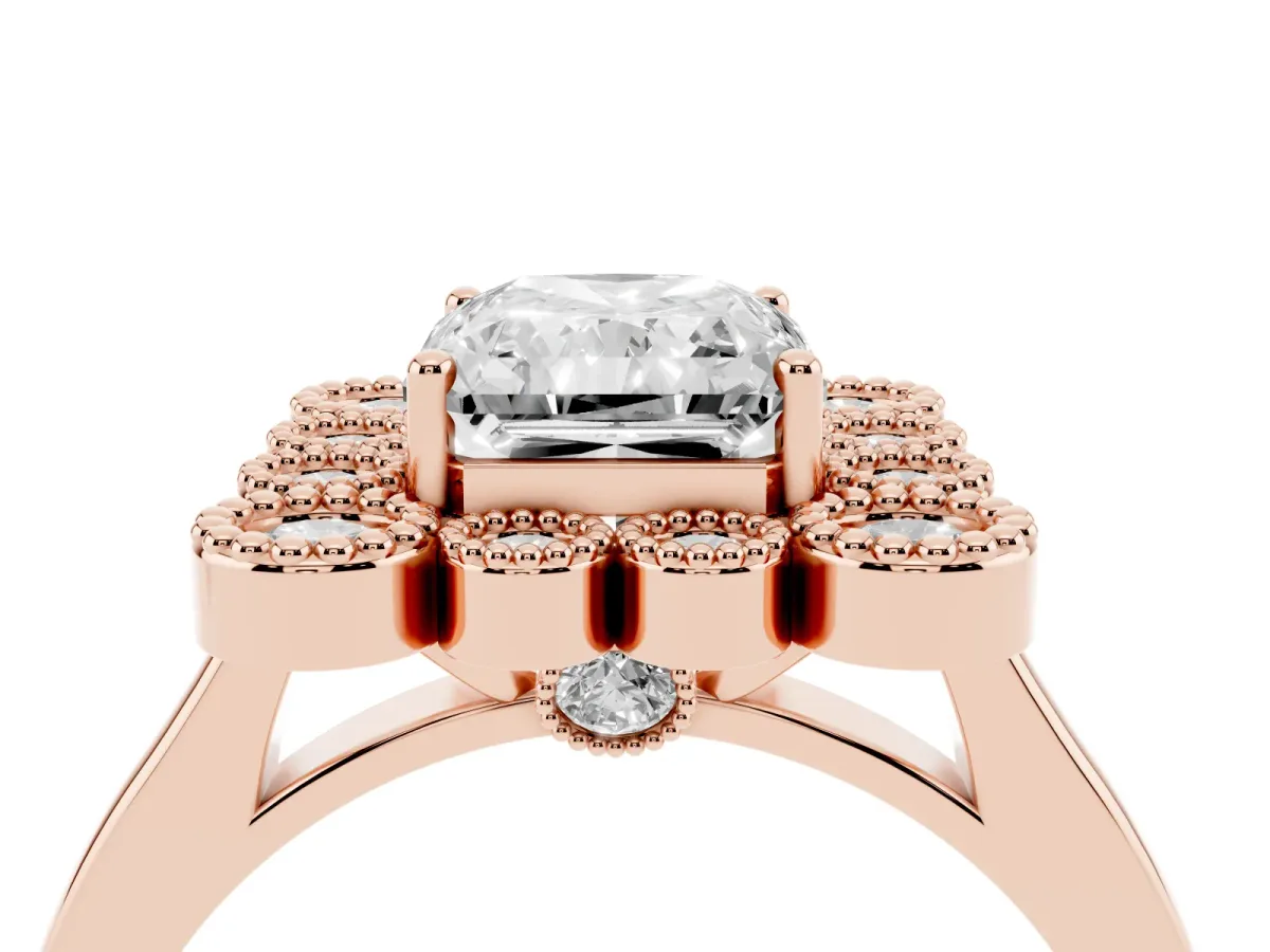 Radiant Cut Halo Diamond Cluster Engagement Ring with Milgrain Bezel Setting and Solitaire Band Rose gold