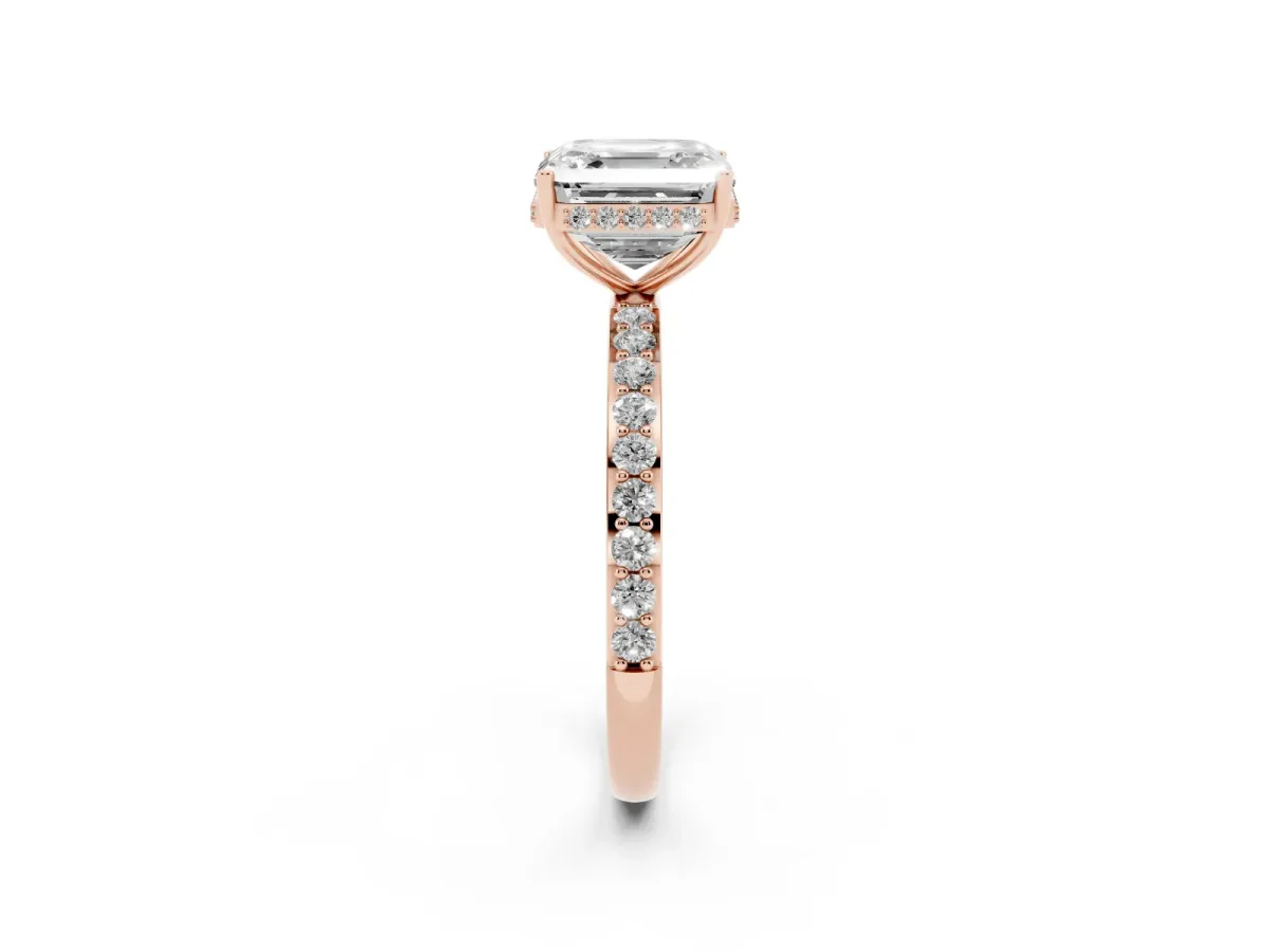 Asscher Cut Diamond Solitaire Ring with Pavé Band and Hidden Halo Rose gold