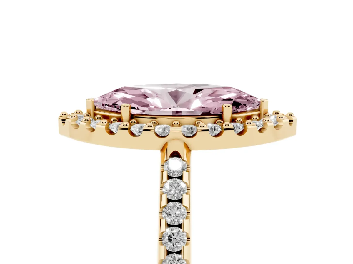 Fancy Pink Marquise Cut Diamond Pavé Halo Ring with Four-Prong Setting Yellow gold