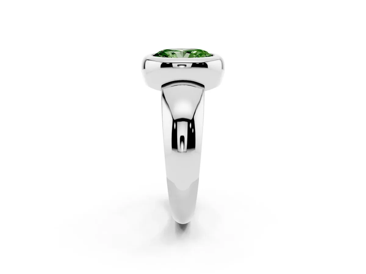 Fancy Green Bezel Set Oval Cut Solitaire Ring with Wide Band Silver