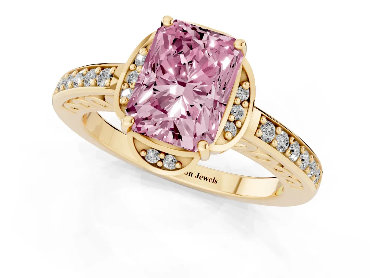 Fancy Pink Radiant Cut Cut Halo Diamond Ring with Channel Set Band and Four-Prong Setting Yellow gold