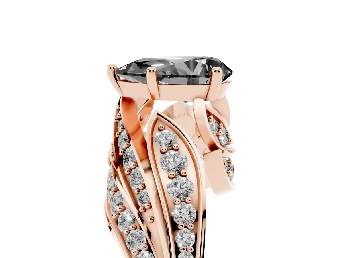 Fancy Black Pear Cut Diamond Solitaire Ring with Prong Setting and Twisted Pavé Band Rose gold