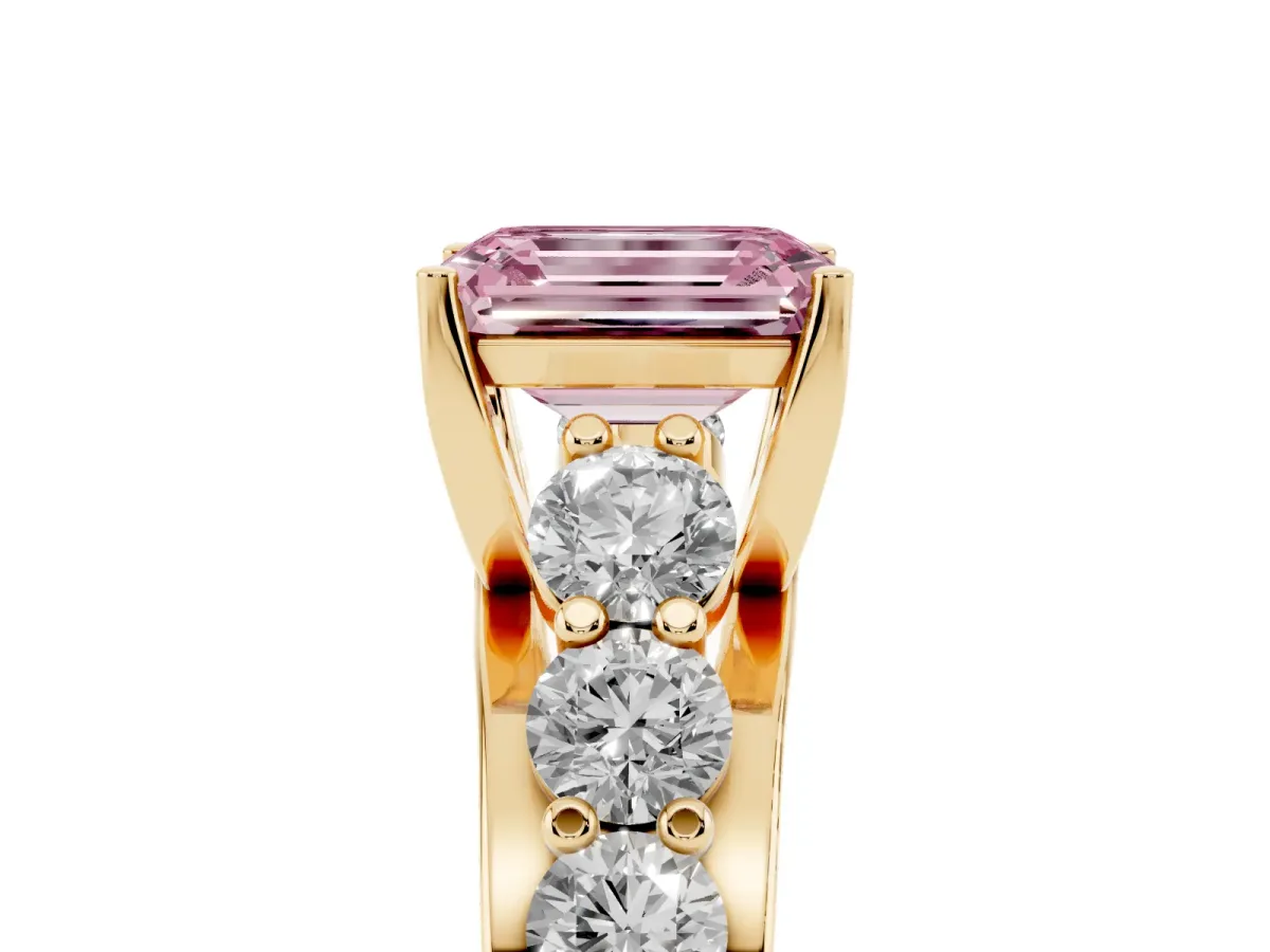 Fancy Pink Emerald Cut Diamond Engagement Ring with Pavé Band and Four-Prong Setting Yellow gold