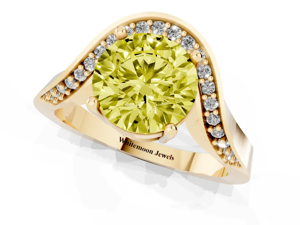 Fancy Yellow Round Cut Solitaire Diamond Engagement Ring with Pave Band and Four-Prong Setting Yellow gold