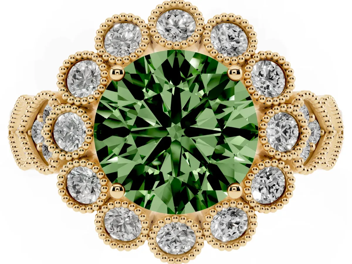 Fancy Green Round Cut Brilliant Milgrain Pave Heart Band Solitaire Ring Yellow gold