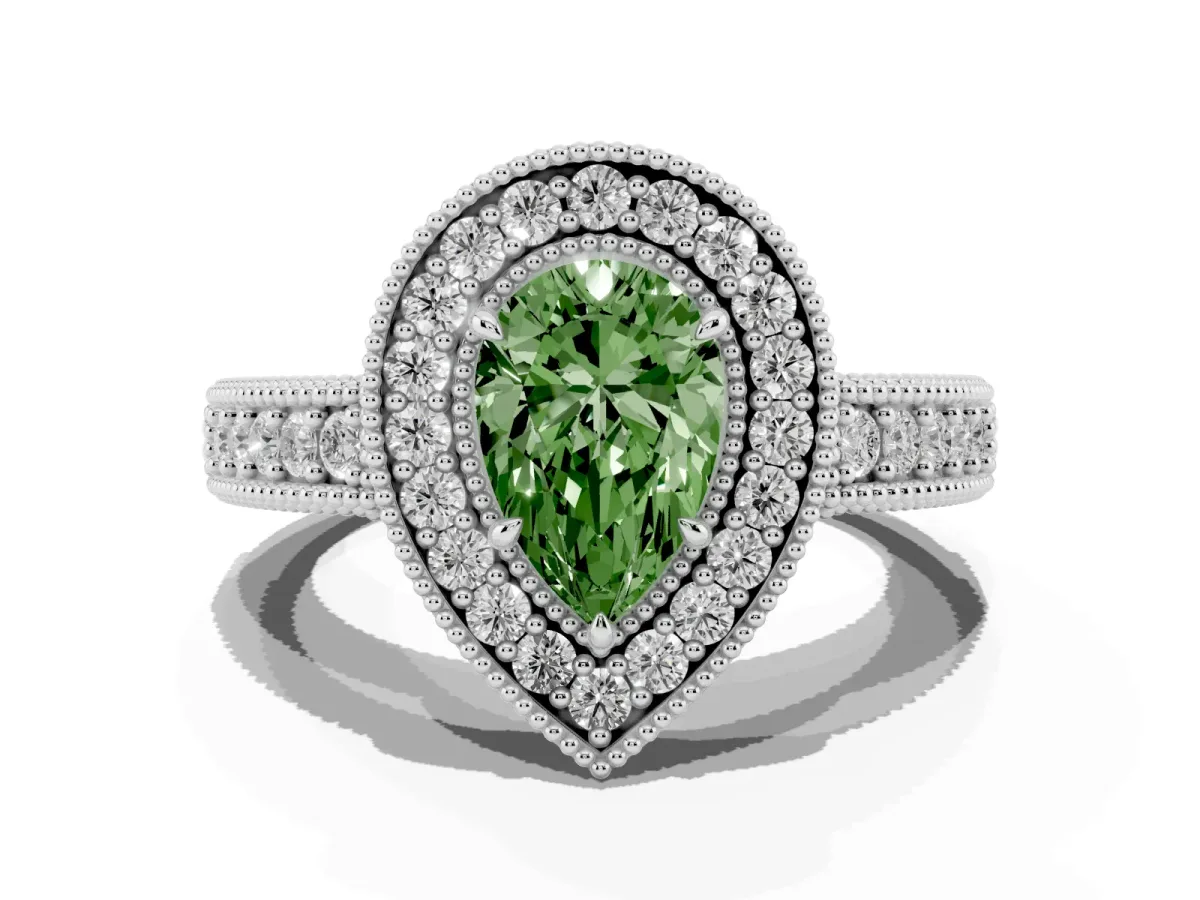 Fancy Green Pear Cut Cut Halo Diamond Ring with Pavé Band and Four-Prong Setting Platinum
