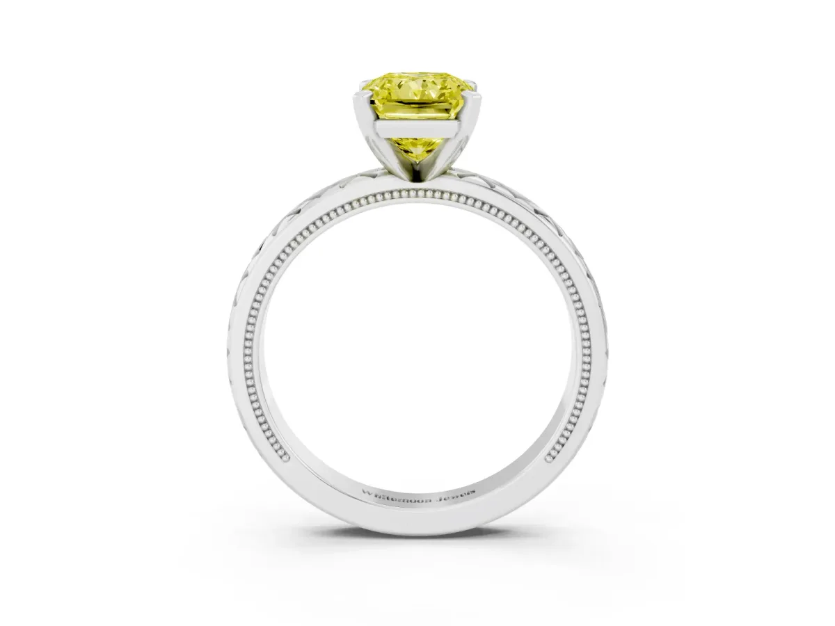 Fancy Yellow Radiant Cut Solitaire Diamond Ring with Milgrain and Black Enamel X Pattern Band White gold
