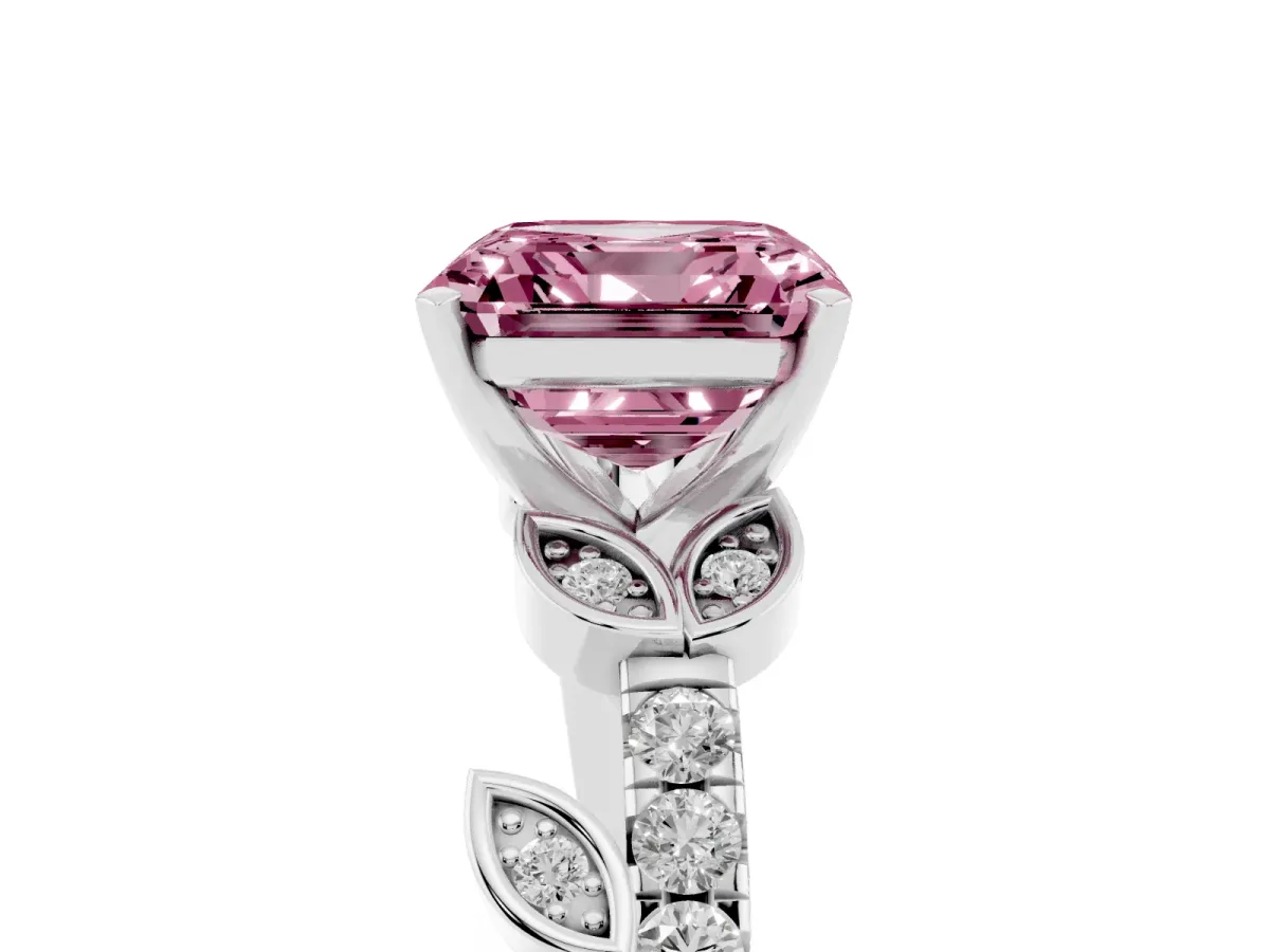 Fancy Pink Asscher Cut Solitaire Leaf-Inspired Diamond Ring with Pavé Band and Four-Prong Setting Silver