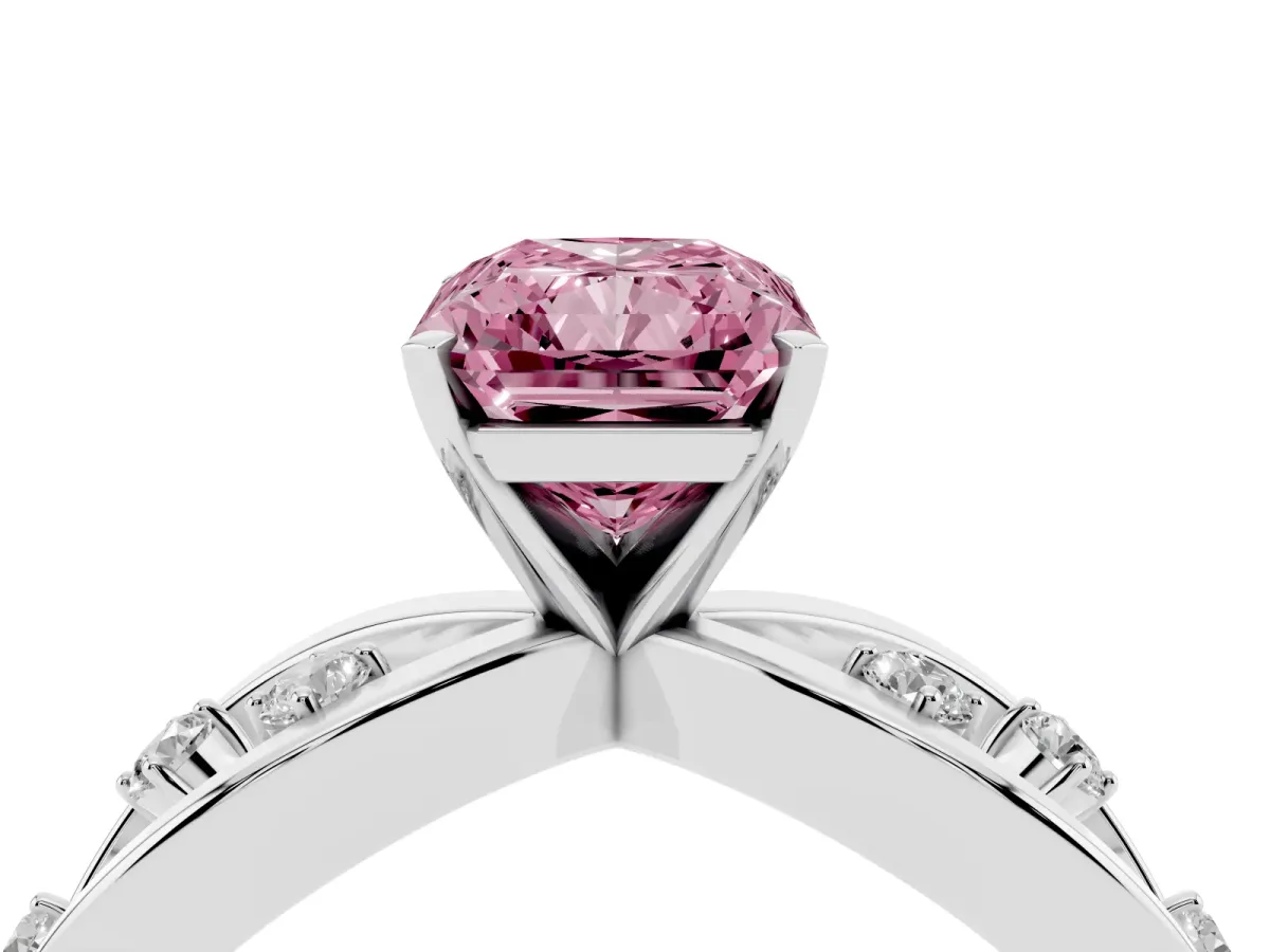 Fancy Pink Radiant Cut Cut Solitaire Diamond with Side Stones on Criss-Cross Band and Four-Prong Setting Platinum