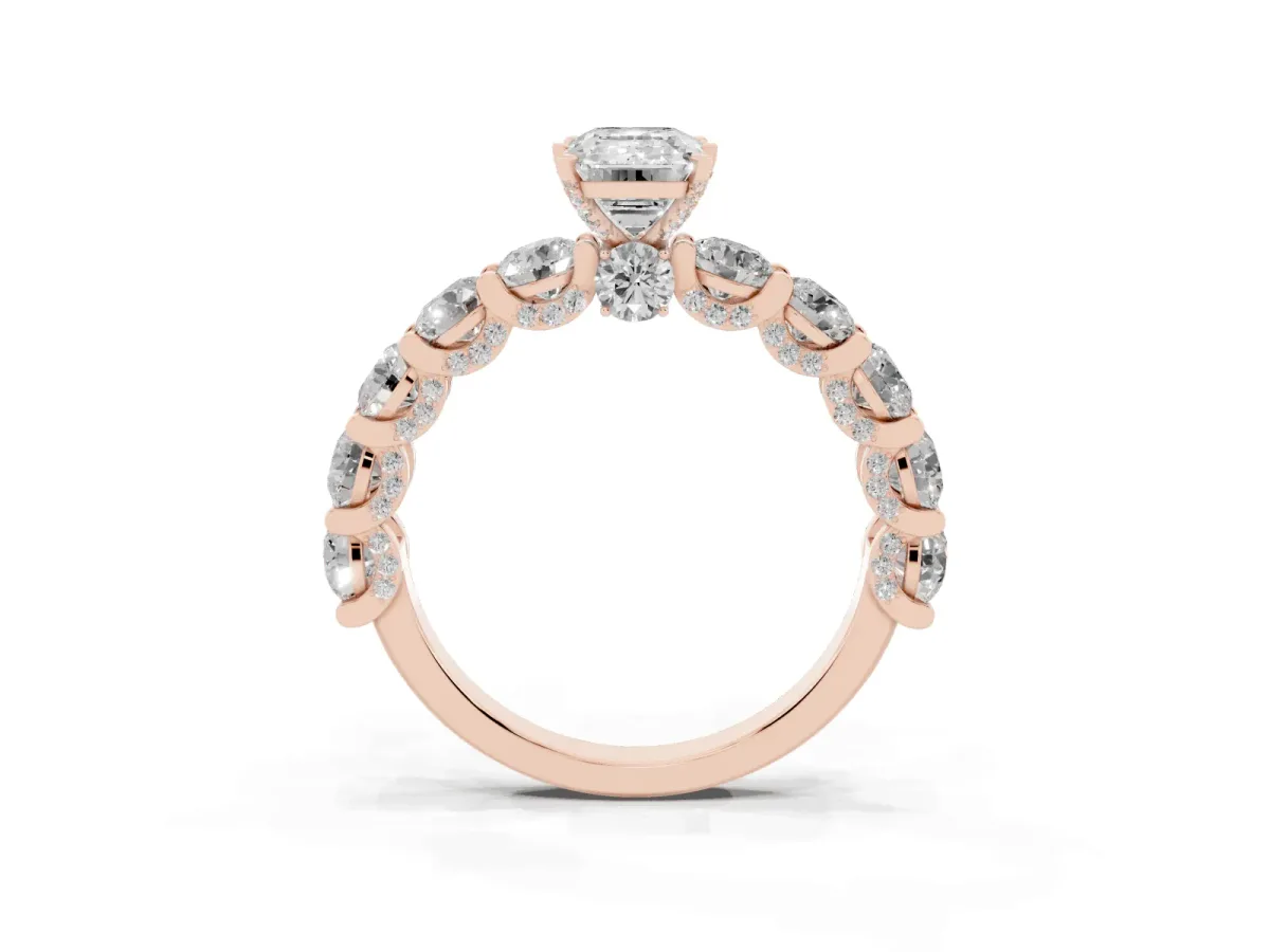 Emerald Cut Diamond Side Stone Engagement Ring with Four-Prong Setting Rose gold
