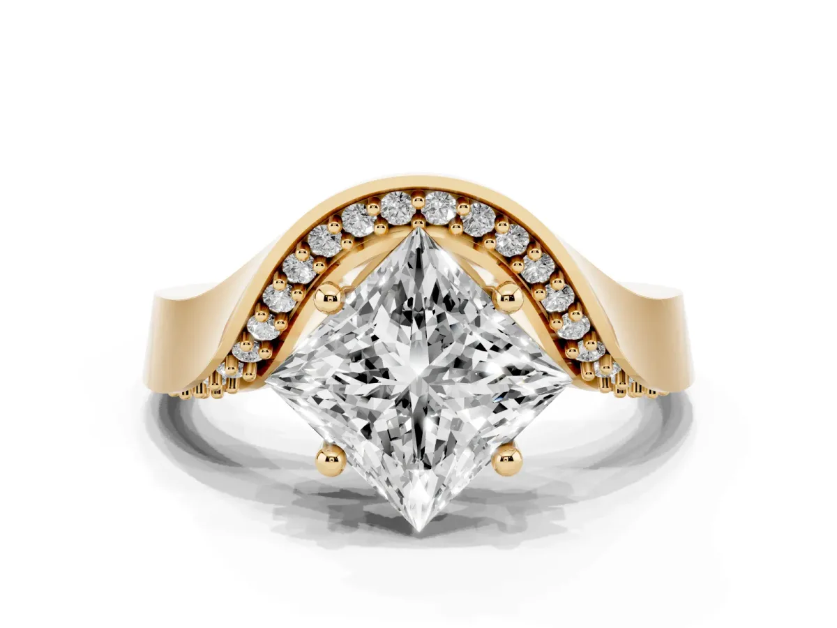 Princess Cut Solitaire Diamond Engagement Ring with Pave Band and Four-Prong Setting Yellow gold