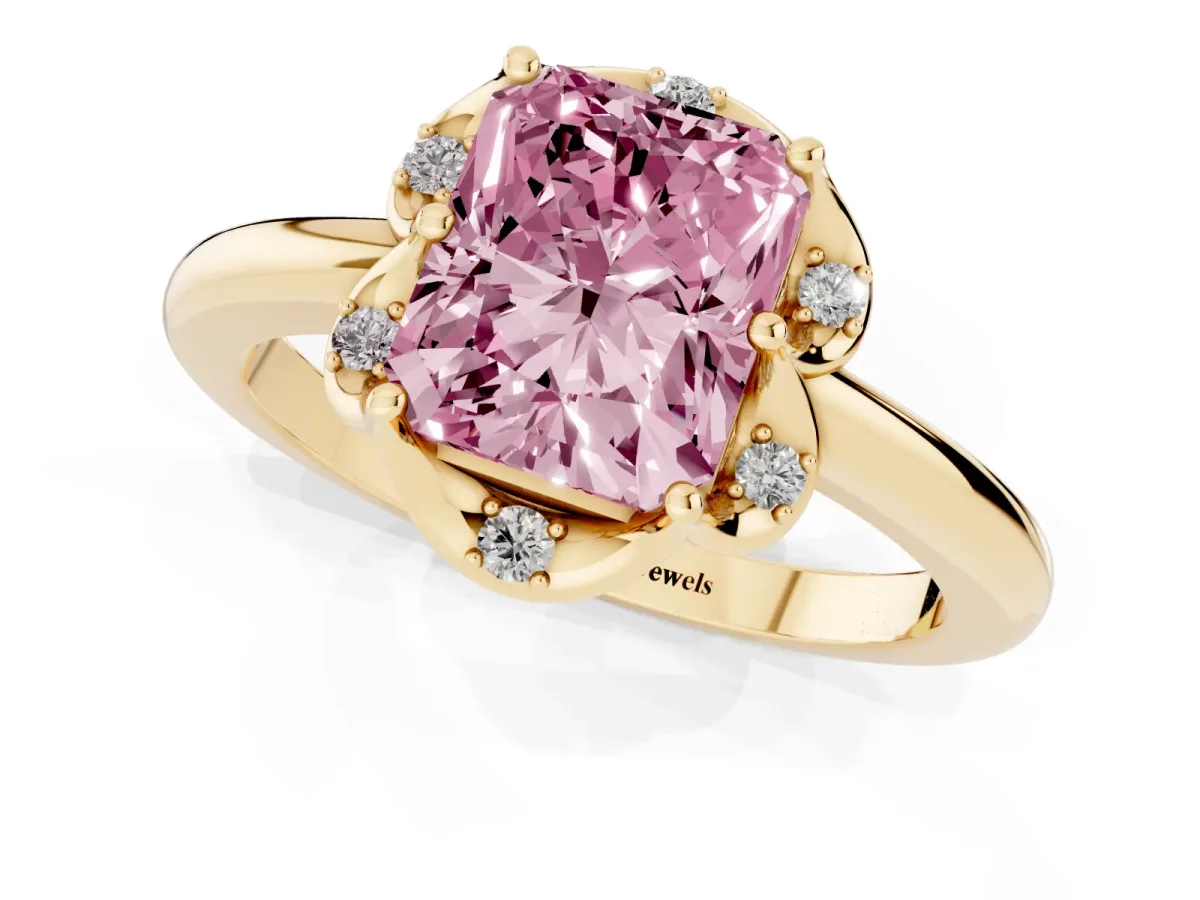 Fancy Pink Radiant Cut Halo Diamond Ring with Round Cluster Setting, Solitaire Band, and Four-Prong Setting Yellow gold