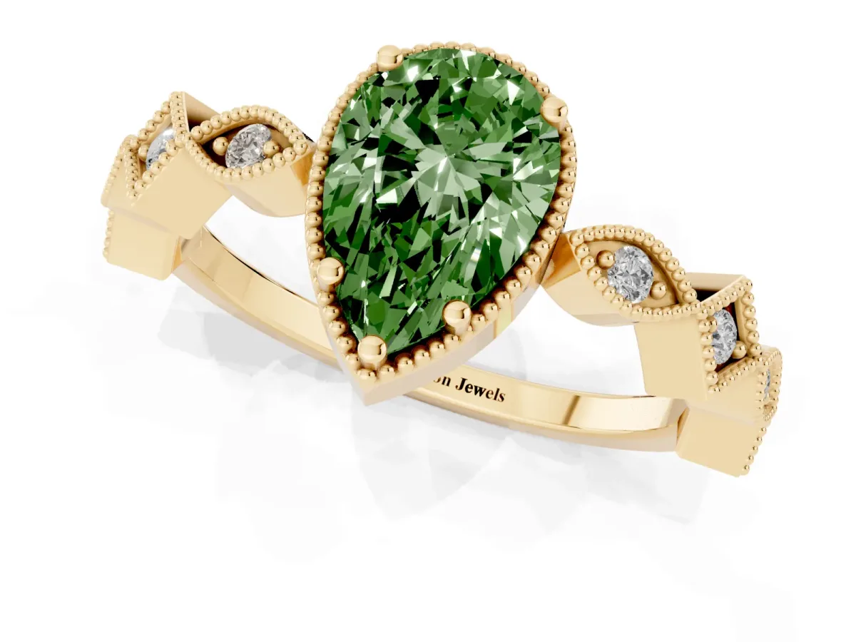Fancy Green Pear Cut Milgrain Marquise Diamond Twist Band Ring Yellow gold