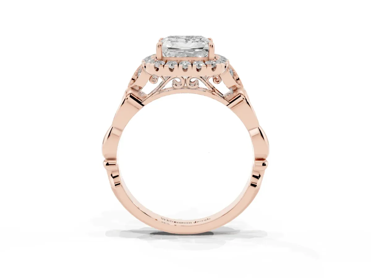 Princess Cut Halo Diamond Engagement Ring with Vintage-Inspired Band and Four-Prong Setting Rose gold