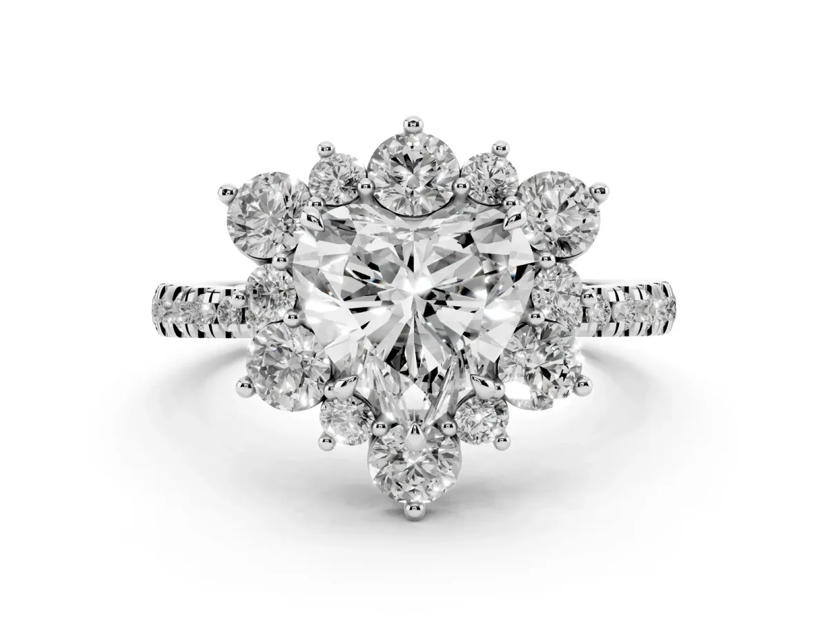 Heart Cut Diamond Floral Halo Ring with Round Pavé Band and Prong Setting Silver