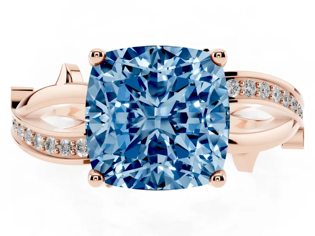 Fancy Blue Cushion Cut Solitaire Twist Band with Pavé Accents and Four-Prong Setting Rose gold