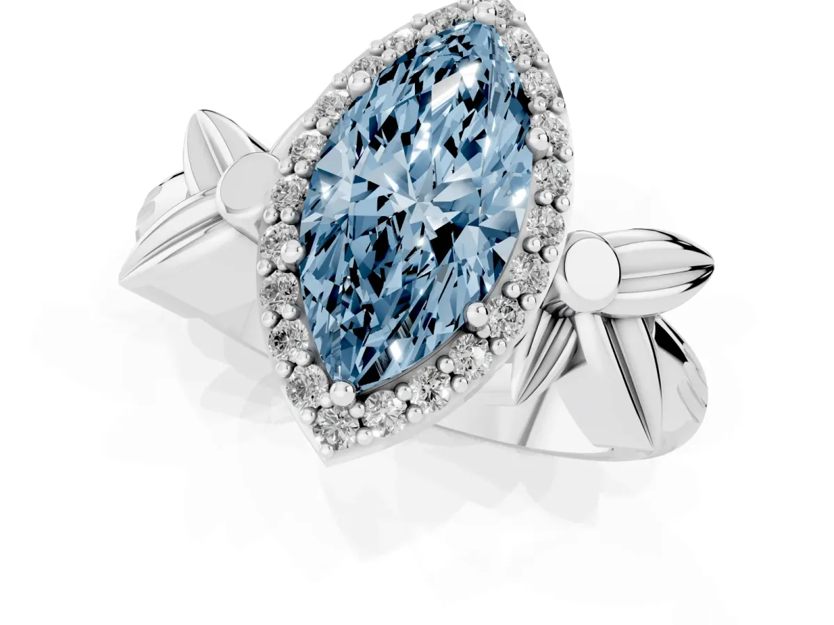 Fancy Blue Marquise Cut Halo Diamond Floral Band with Four-Prong Setting Silver