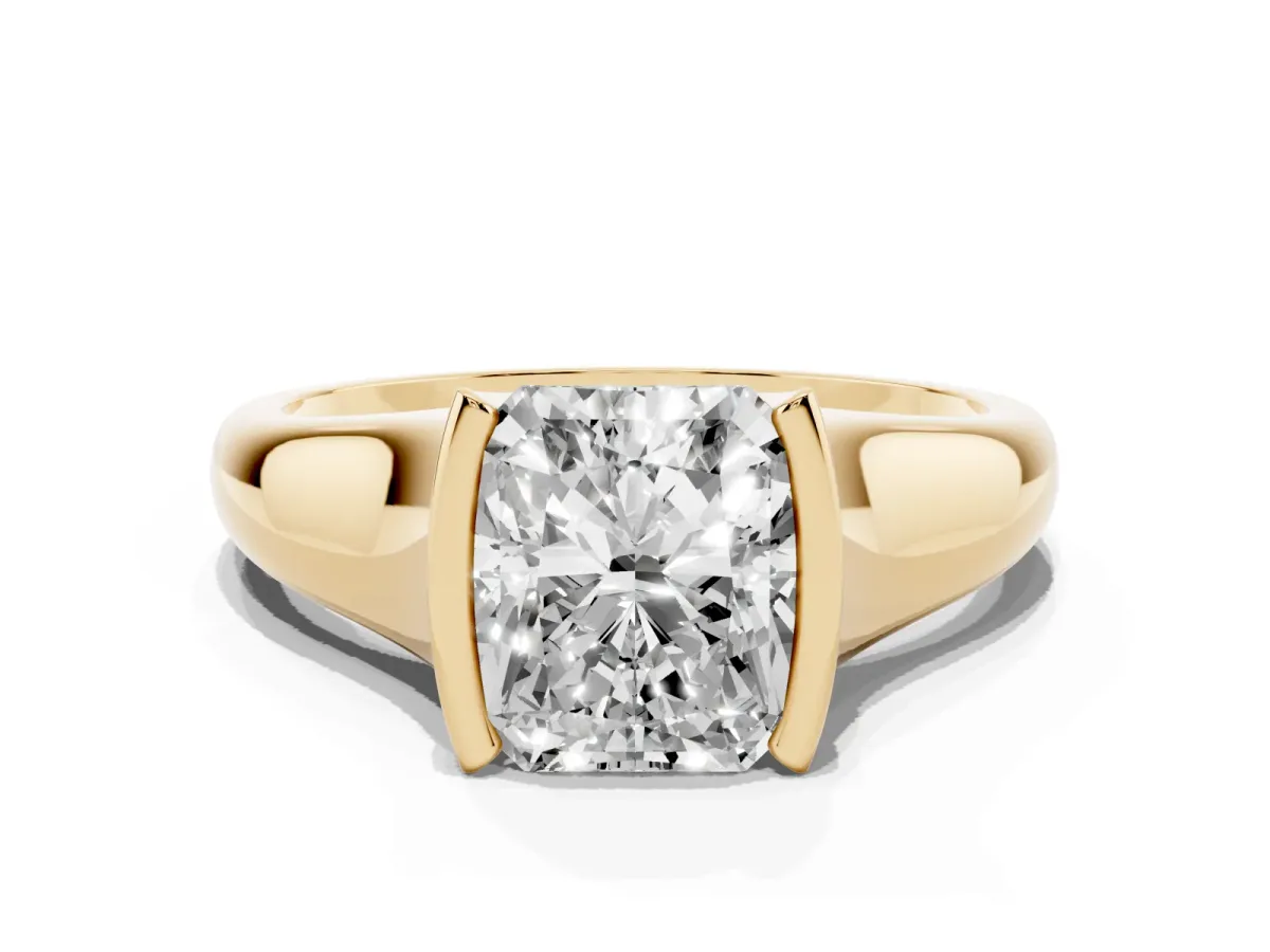Radiant Cut Solitaire Tension Set Diamond Ring with Split Shank Band Yellow gold