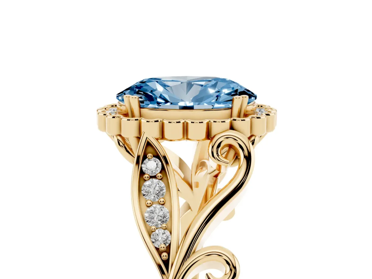 Fancy Blue Oval Cut Diamond Halo Ring with Vintage Split Shank and Four-Prong Setting Yellow gold