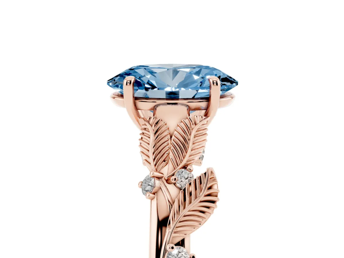 Fancy Blue Oval Cut Diamond Solitaire Ring with Leaf Motif Band and Four-Prong Setting Rose gold