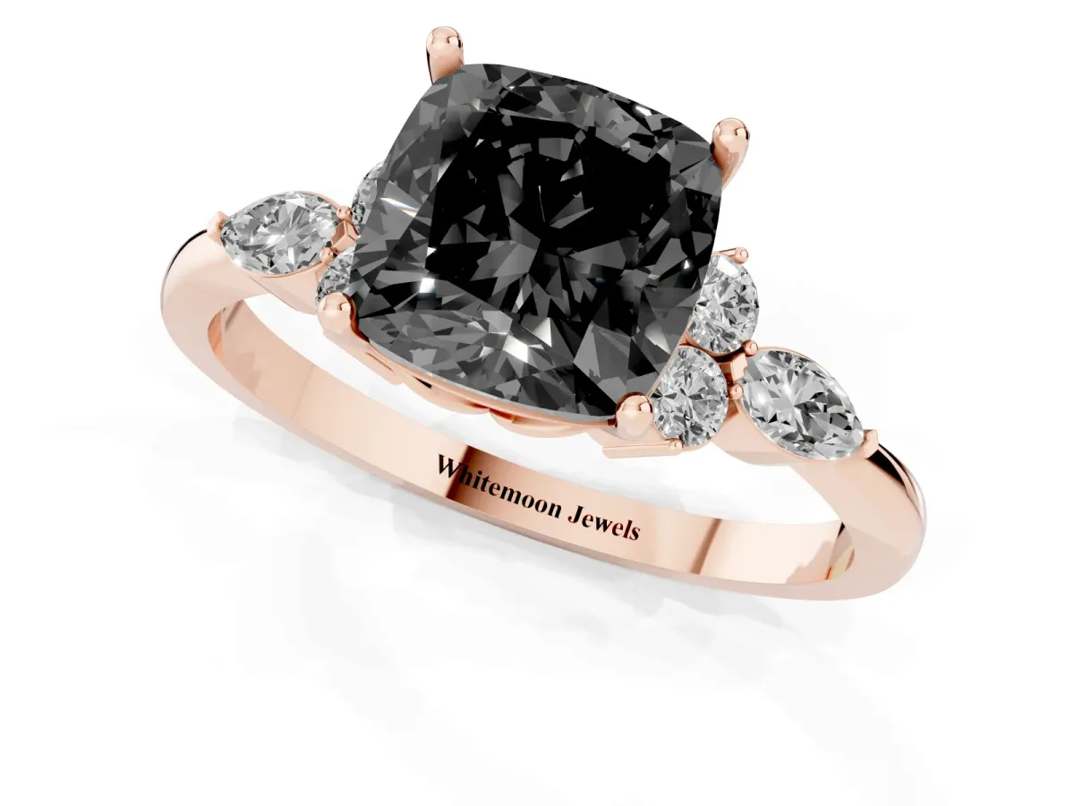 Fancy Black Cushion Cut Brilliant Diamond Solitaire Ring with Pear Side Stones and Four-Prong Setting Rose gold