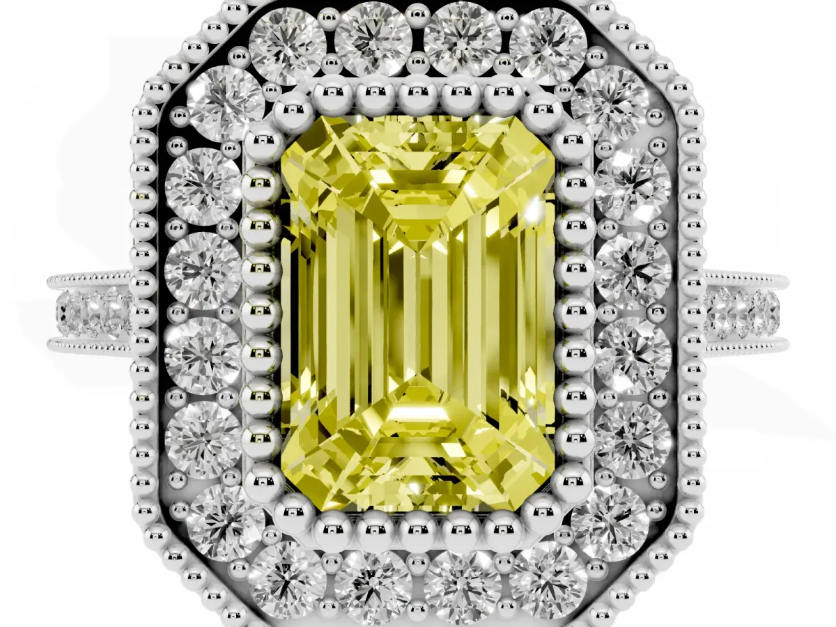 Fancy Yellow Emerald Cut Diamond Halo Ring with Milgrain Frame and Pavé Band Platinum