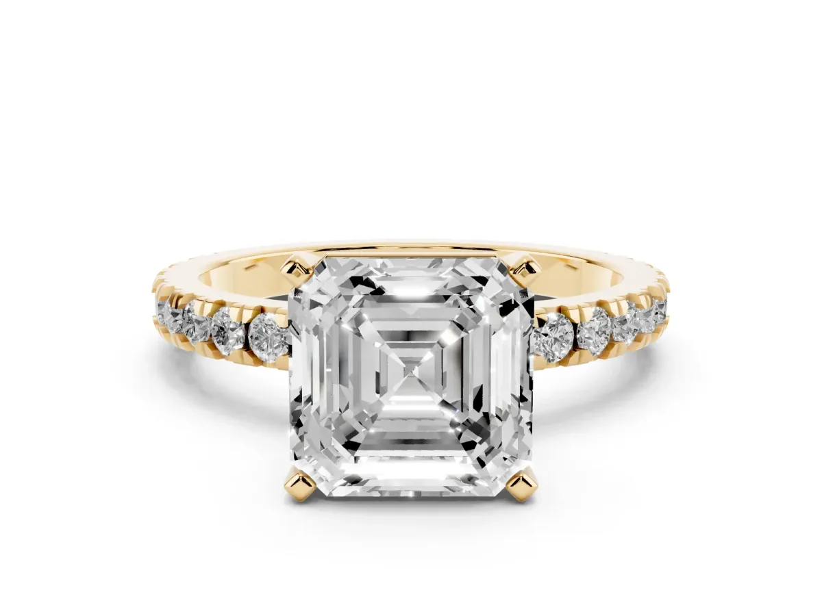 Asscher Cut Diamond Pavé Band Solitaire with Four-Prong Setting Yellow gold