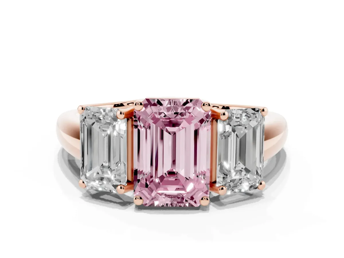 Fancy Pink Three-Stone Emerald Cut Diamond Engagement Ring with Prong Setting Rose gold