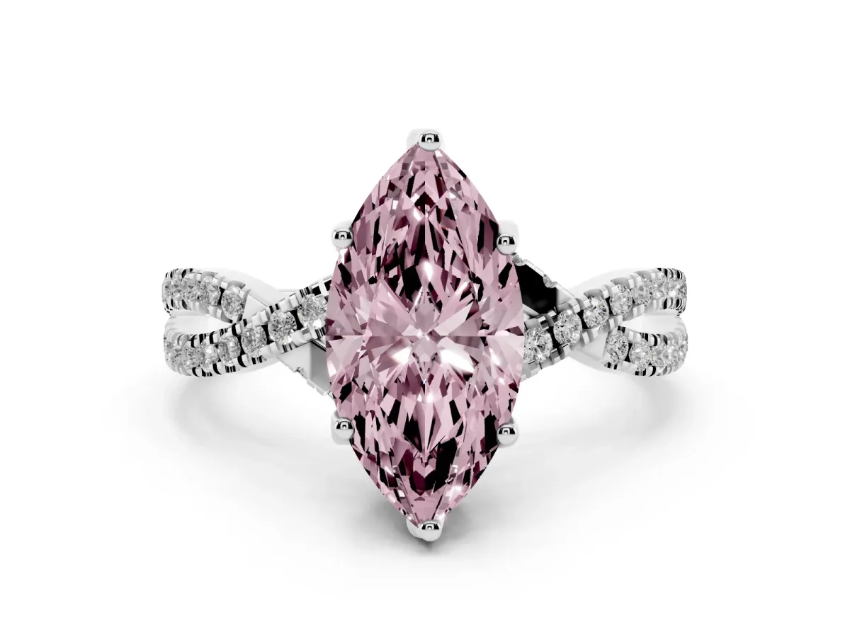 Fancy Pink Marquise Cut Solitaire Twist Pave Diamond Engagement Ring with Prong Setting Silver