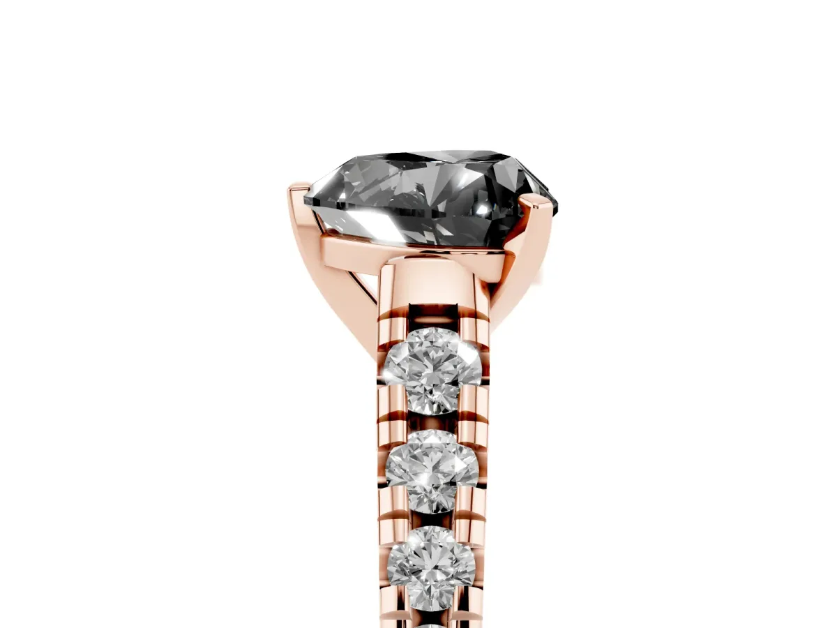 Fancy Black Heart Cut Diamond Cathedral Solitaire Ring with Round Pavé Band Rose gold