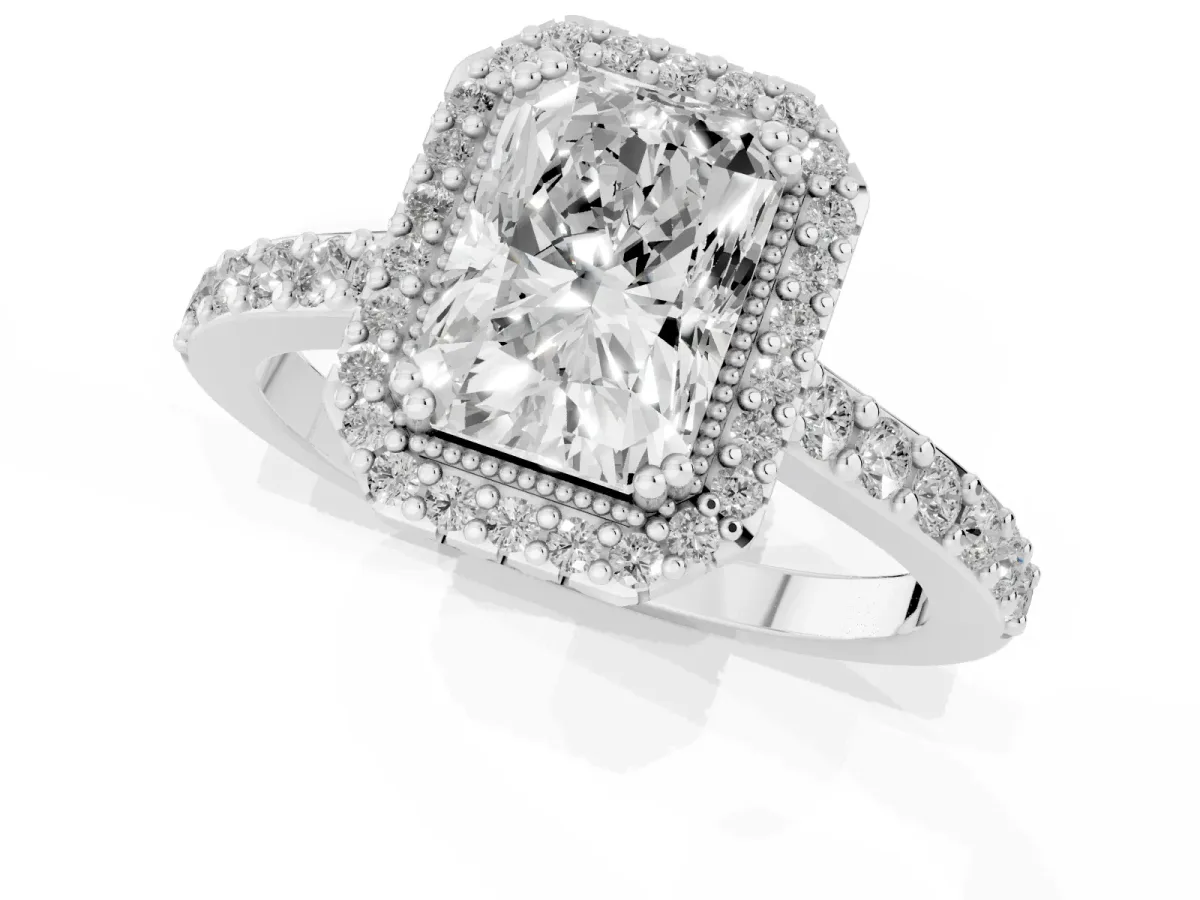 Radiant Cut Cut Diamond Halo Engagement Ring with Milgrain Detail and Pavé Band Silver