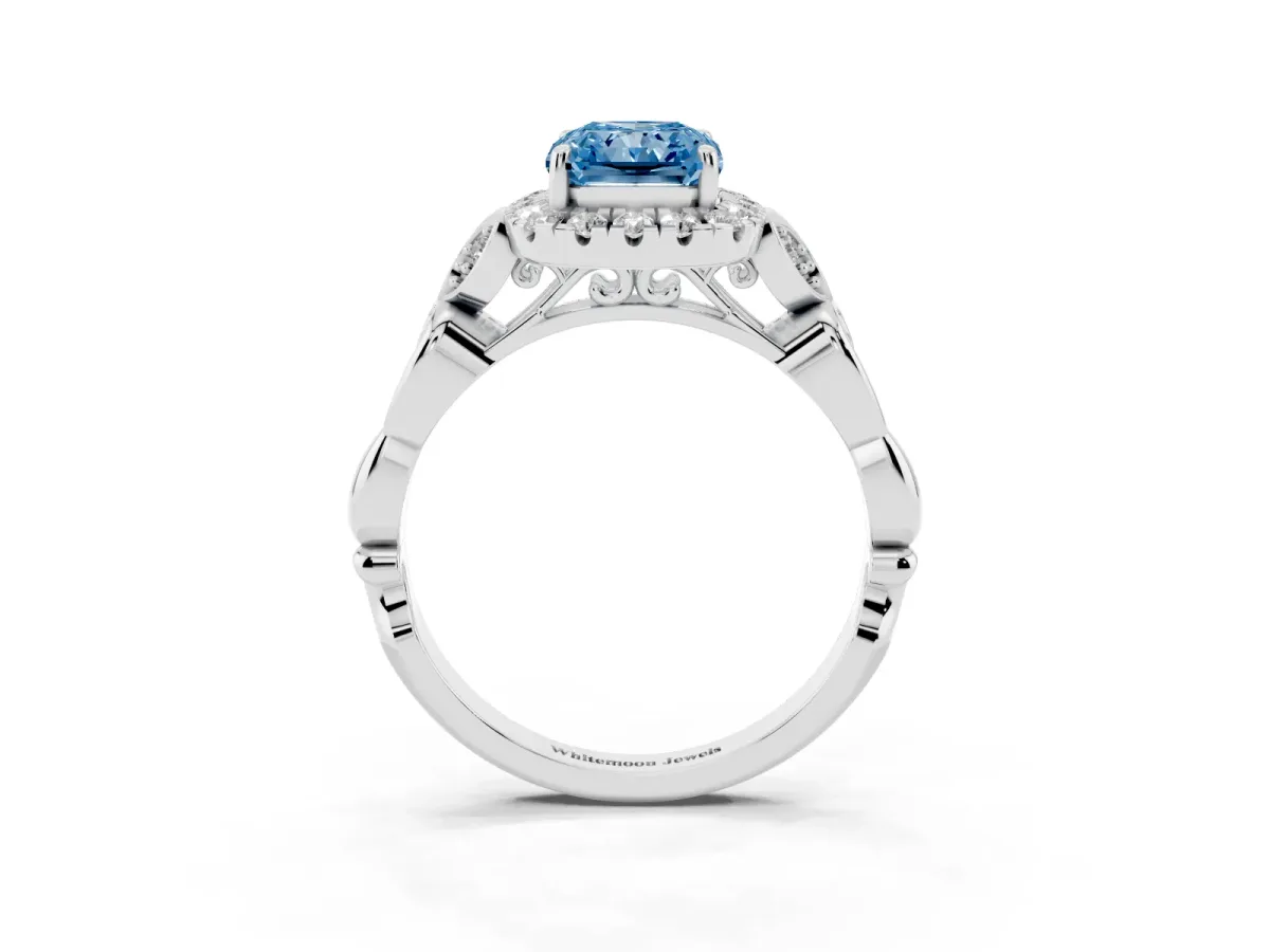 Fancy Blue Radiant Cut Halo Diamond Engagement Ring with Vintage-Inspired Band and Four-Prong Setting White gold