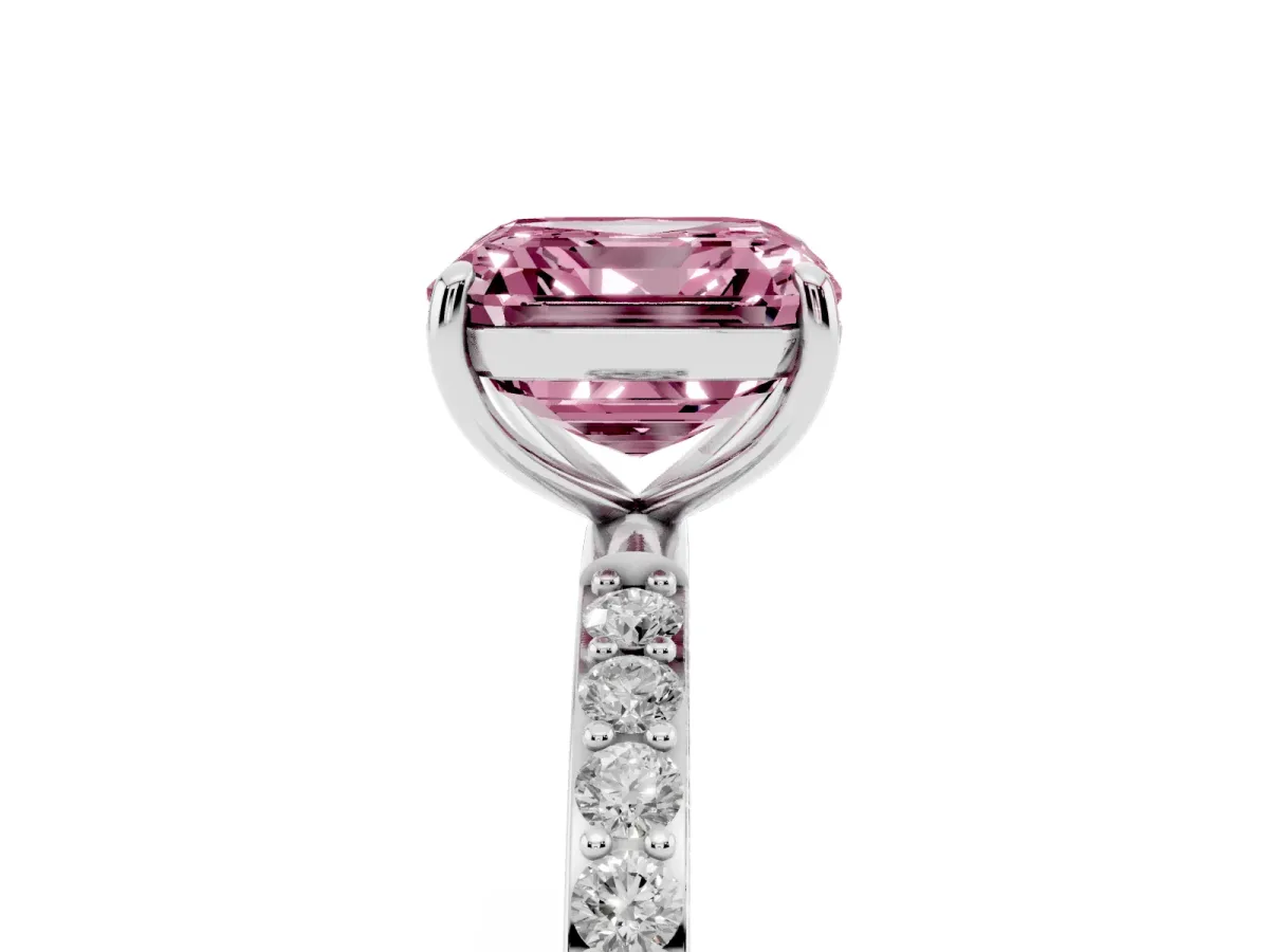 Fancy Pink Asscher Cut Diamond Solitaire Ring with Round Pavé Shoulders and Prong Setting Silver