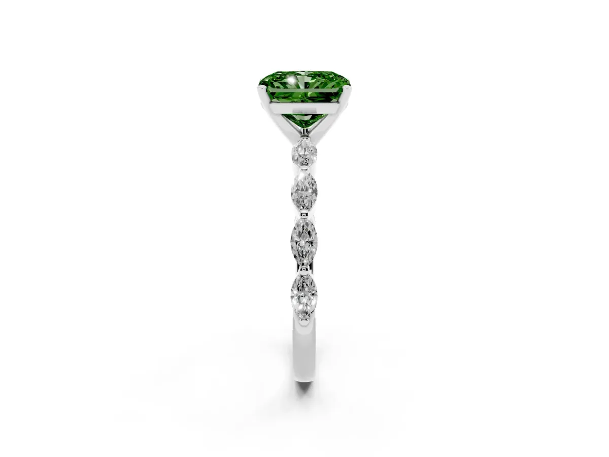 Fancy Green Radiant Cut Diamond Ring with Marquise Side Stones and Prong Setting Platinum