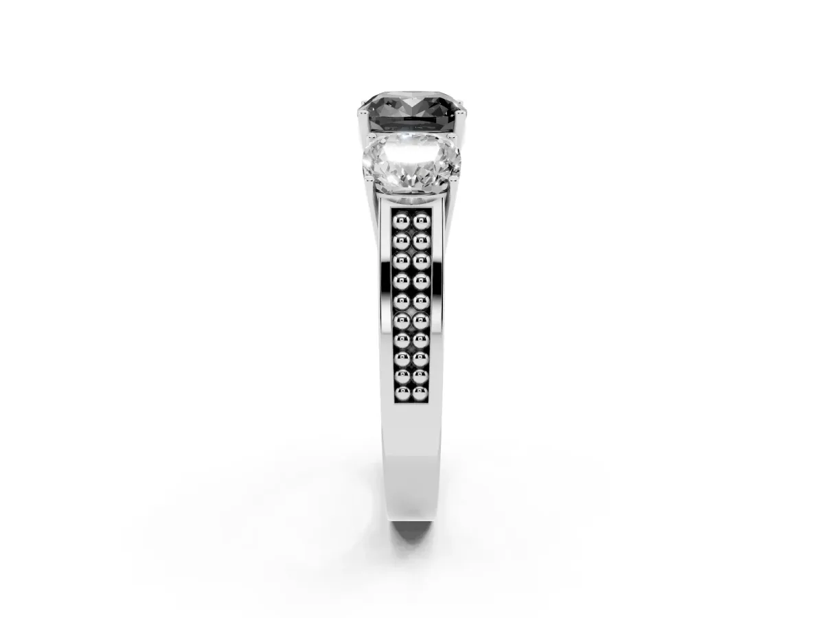 Fancy Black Cushion Cut Diamond Three-Stone Ring with Prong Setting and Textured Band Platinum