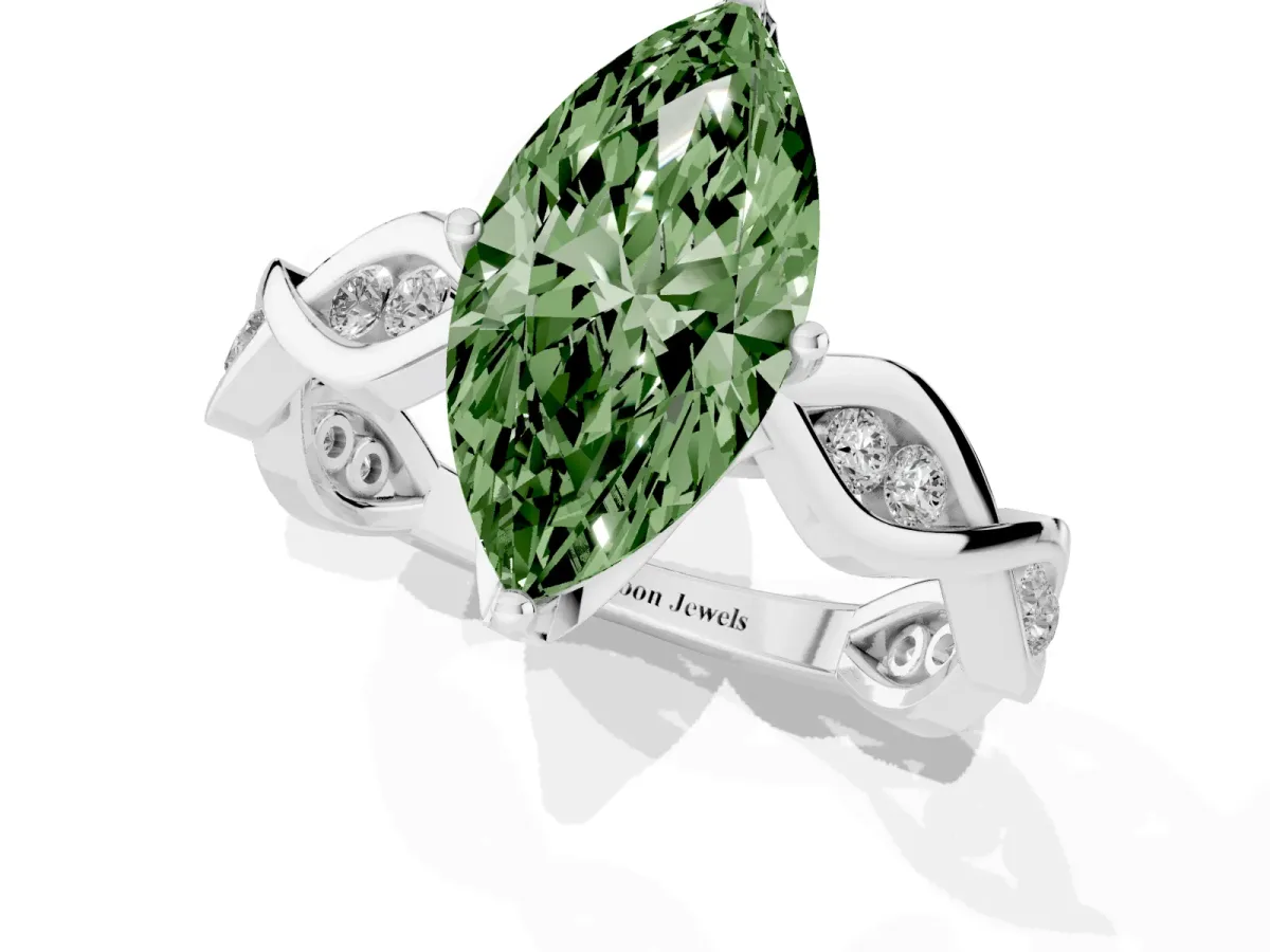 Fancy Green Marquise Cut Solitaire Twist Band with Leaf Prong Setting Silver